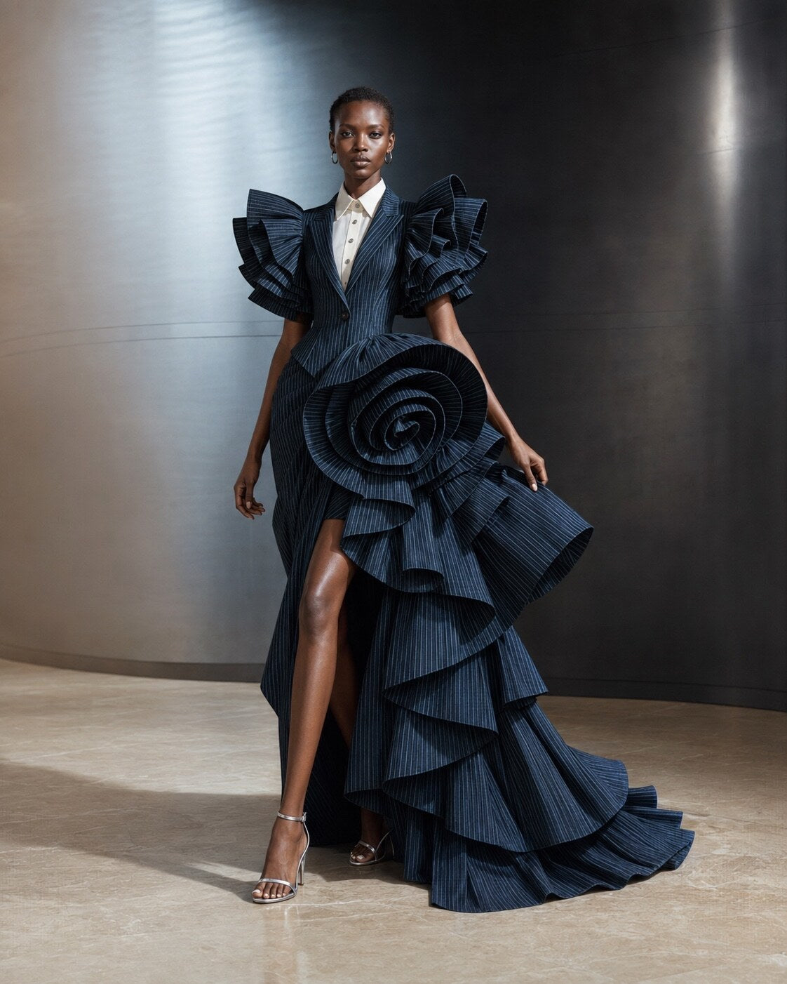 MERIMAI sculptural navy evening gown
