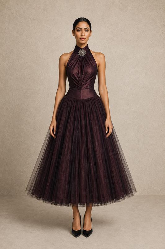 Garnet Halo Midi Dress — MERIMAI eveningwear