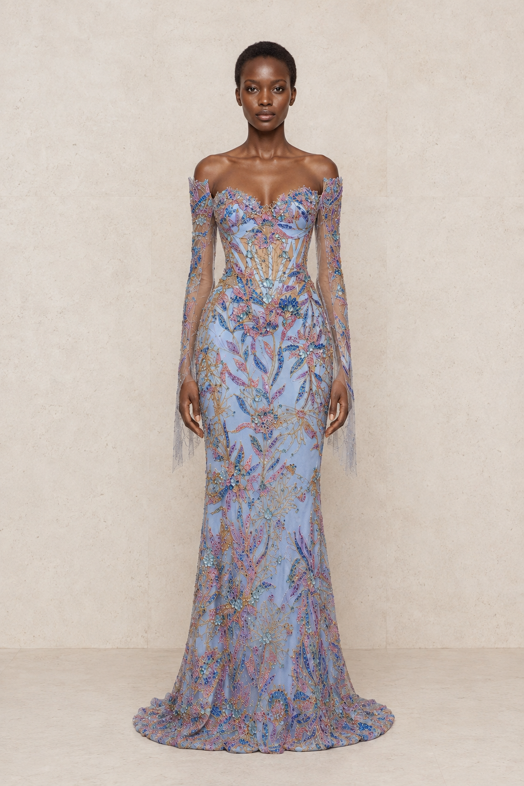 Azure Eden Embroidered Gown — MERIMAI eveningwear