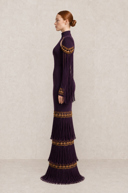 Imperial Plum Fringe Gown — MERIMAI eveningwear