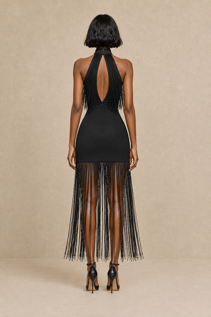 Noir Motion Fringe Dress — MERIMAI eveningwear