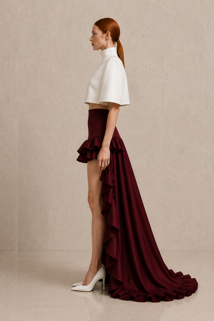 Bordeaux Cascade Ensemble — MERIMAI eveningwear