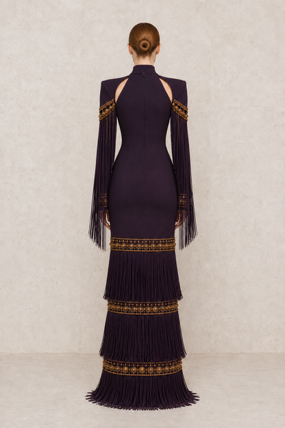 Imperial Plum Fringe Gown — MERIMAI eveningwear