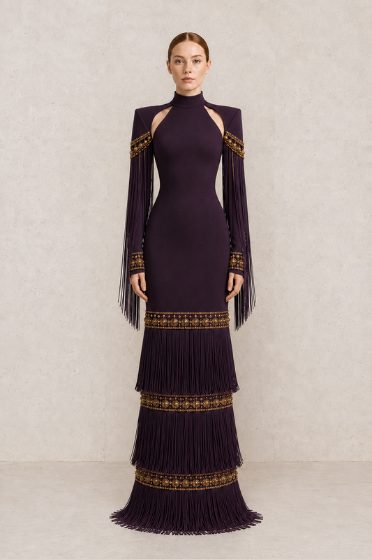 Imperial Plum Fringe Gown — MERIMAI eveningwear