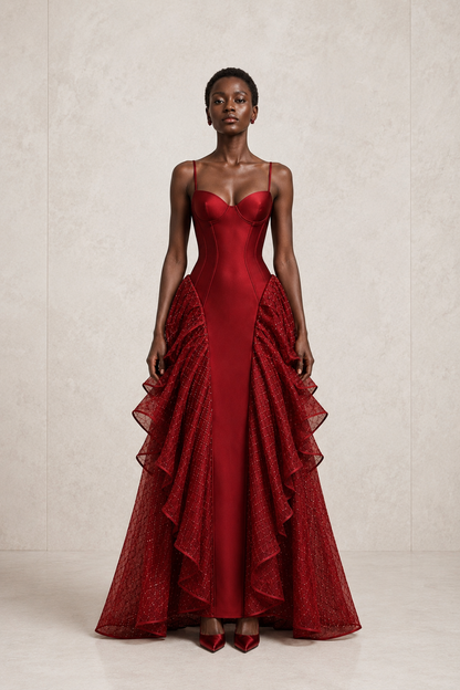 Ruby Cascade Gown — MERIMAI eveningwear