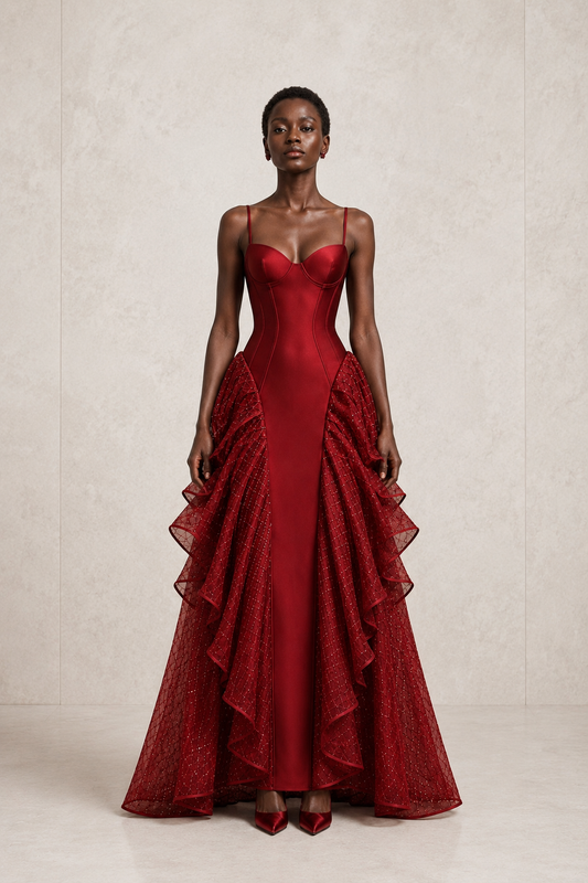 Ruby Cascade Gown — MERIMAI eveningwear