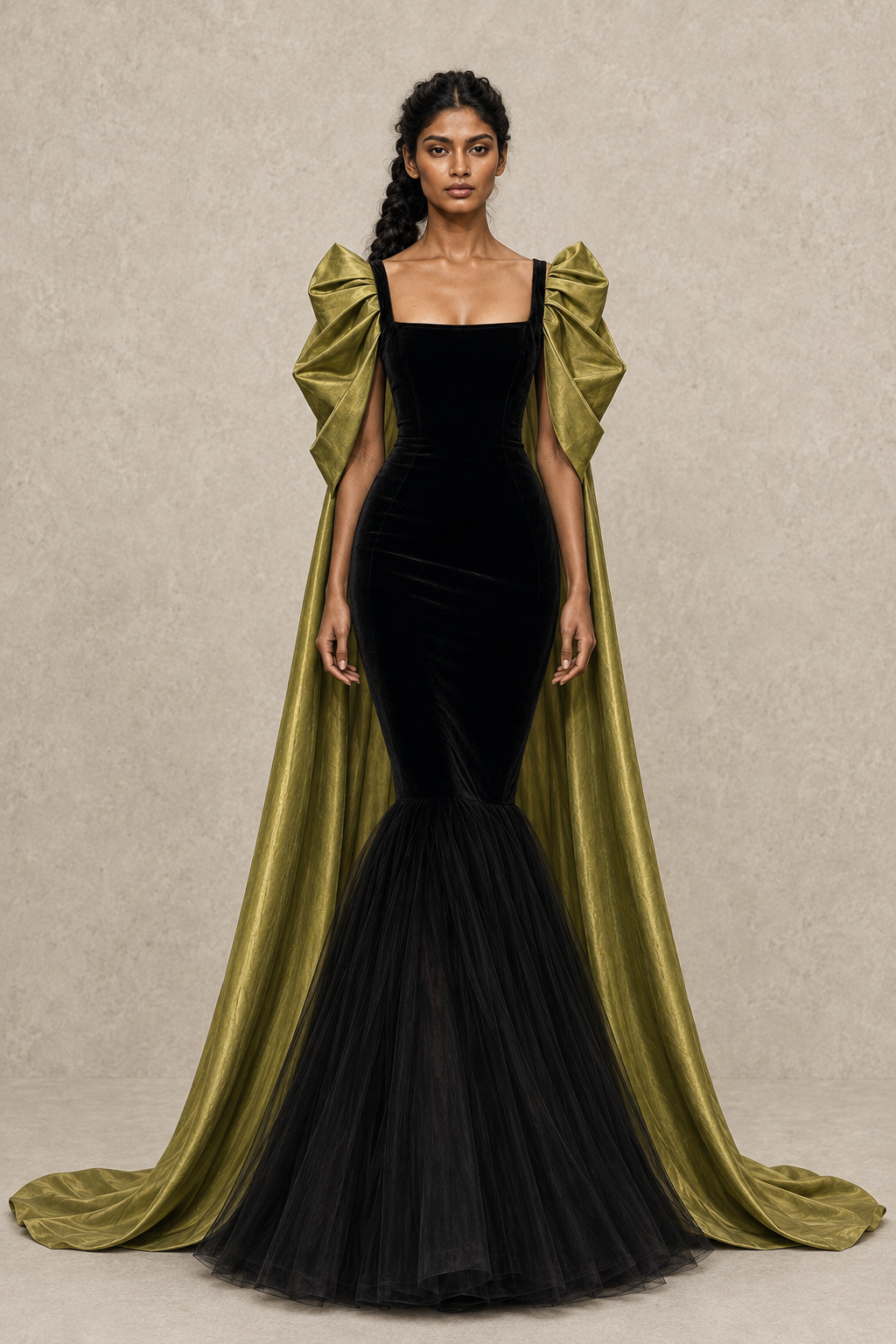Olive Mantle Gown — MERIMAI eveningwear