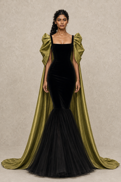 Olive Mantle Gown — MERIMAI eveningwear