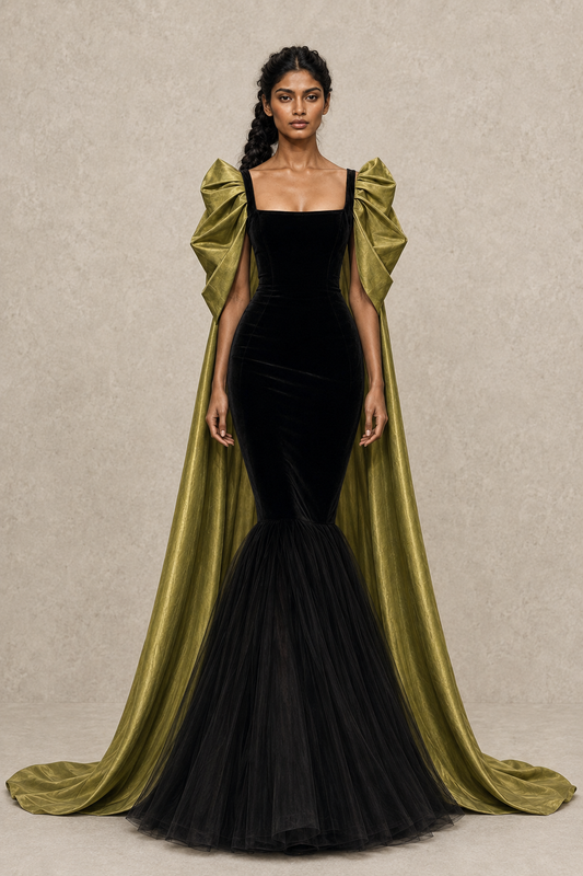 Olive Mantle Gown — MERIMAI eveningwear