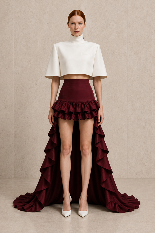 Bordeaux Cascade Ensemble — MERIMAI eveningwear