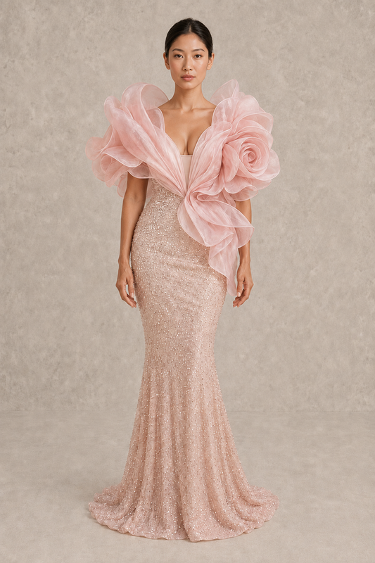 Blush Rosette Sculpted Gown — MERIMAI eveningwear