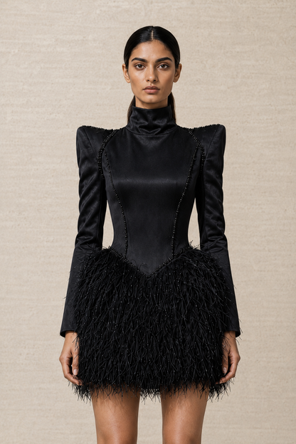 Noir Plume Sculpt Mini Dress — MERIMAI eveningwear