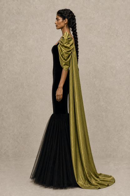 Olive Mantle Gown — MERIMAI eveningwear