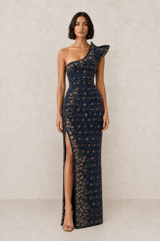 Sapphire Botanica Column Gown — MERIMAI eveningwear