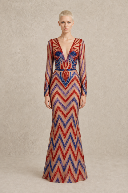 Kinetic Chevron Gown — MERIMAI eveningwear