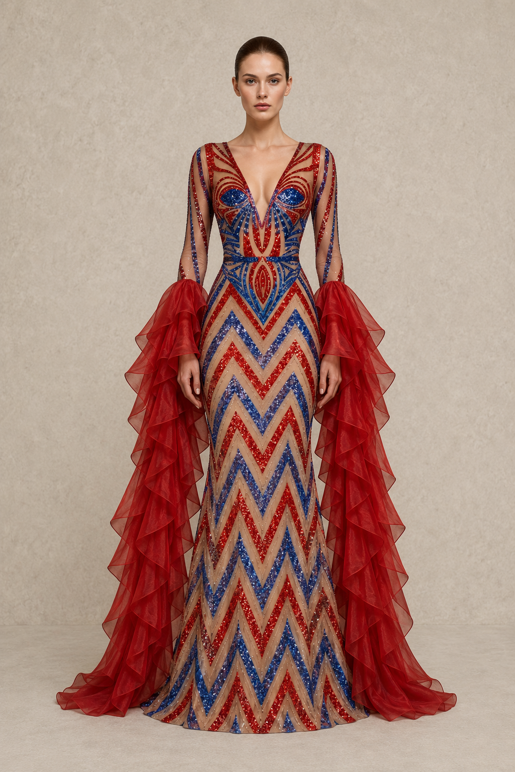 Crimson Chevron Gown — MERIMAI eveningwear