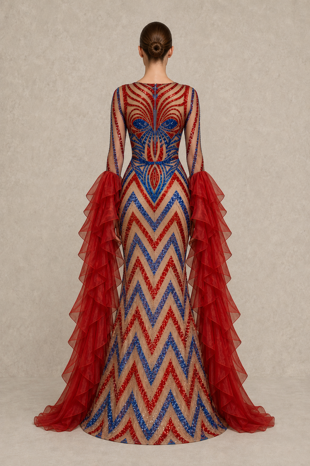 Crimson Chevron Gown — MERIMAI eveningwear