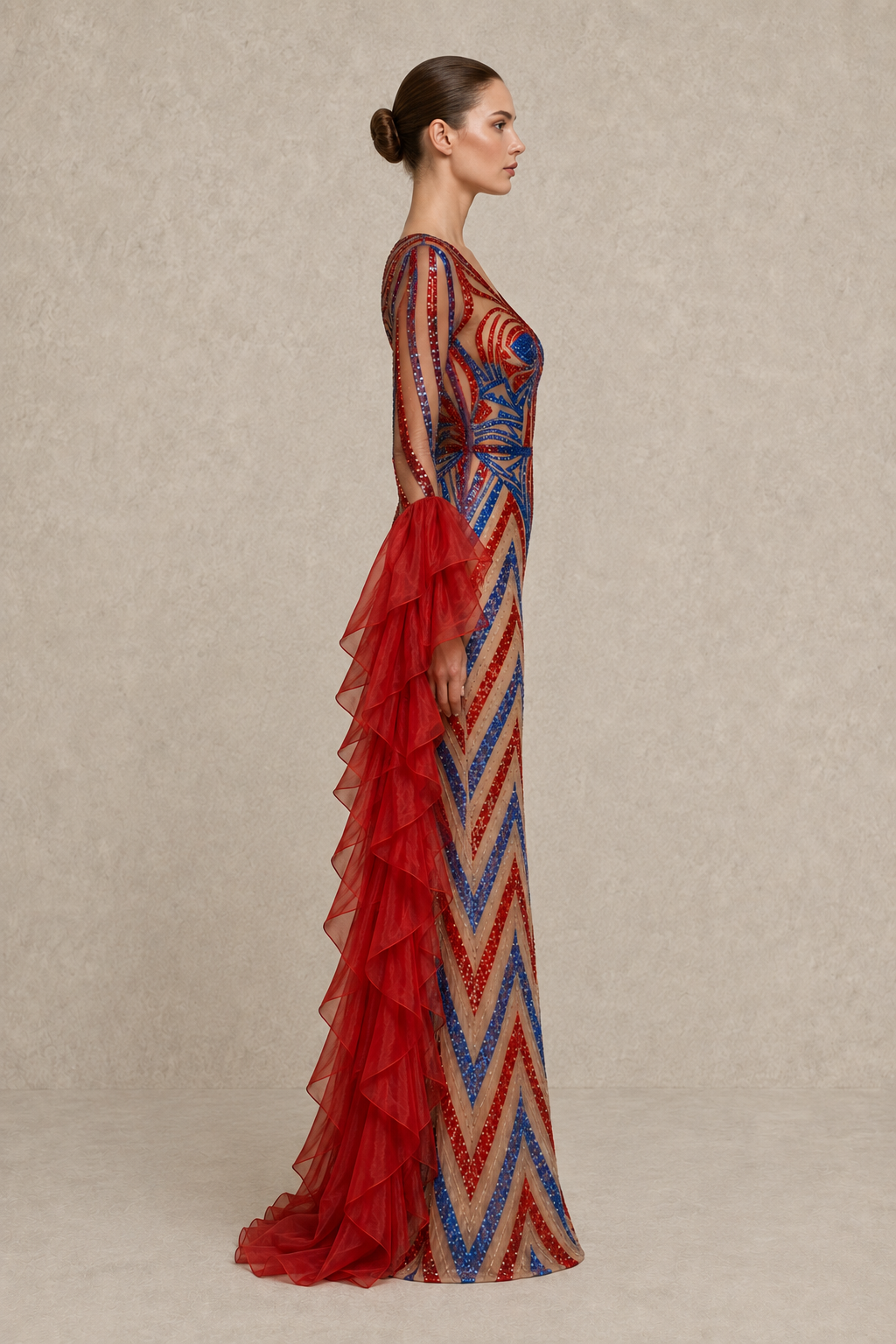 Crimson Chevron Gown — MERIMAI eveningwear