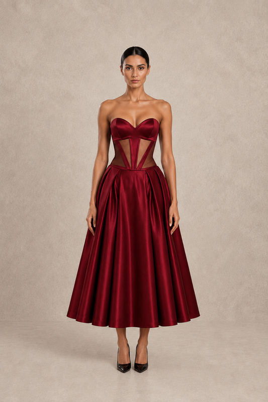 Crimson Frame Midi Dress — MERIMAI eveningwear