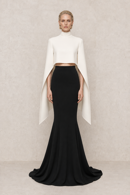 Monochrome Cape Gown — MERIMAI eveningwear