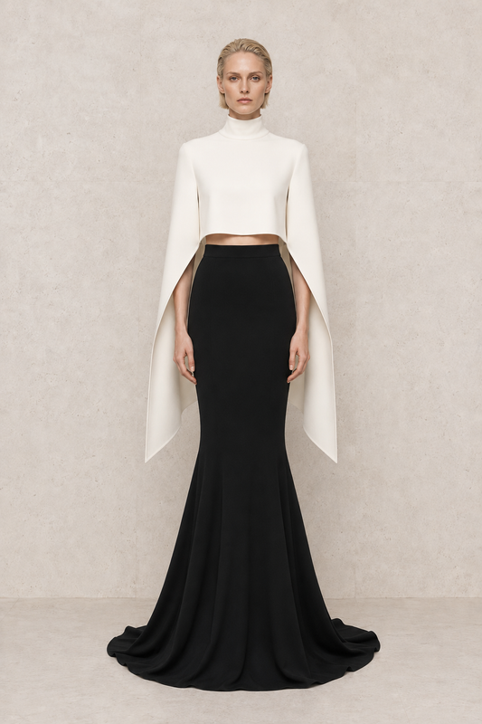 Monochrome Cape Gown — MERIMAI eveningwear