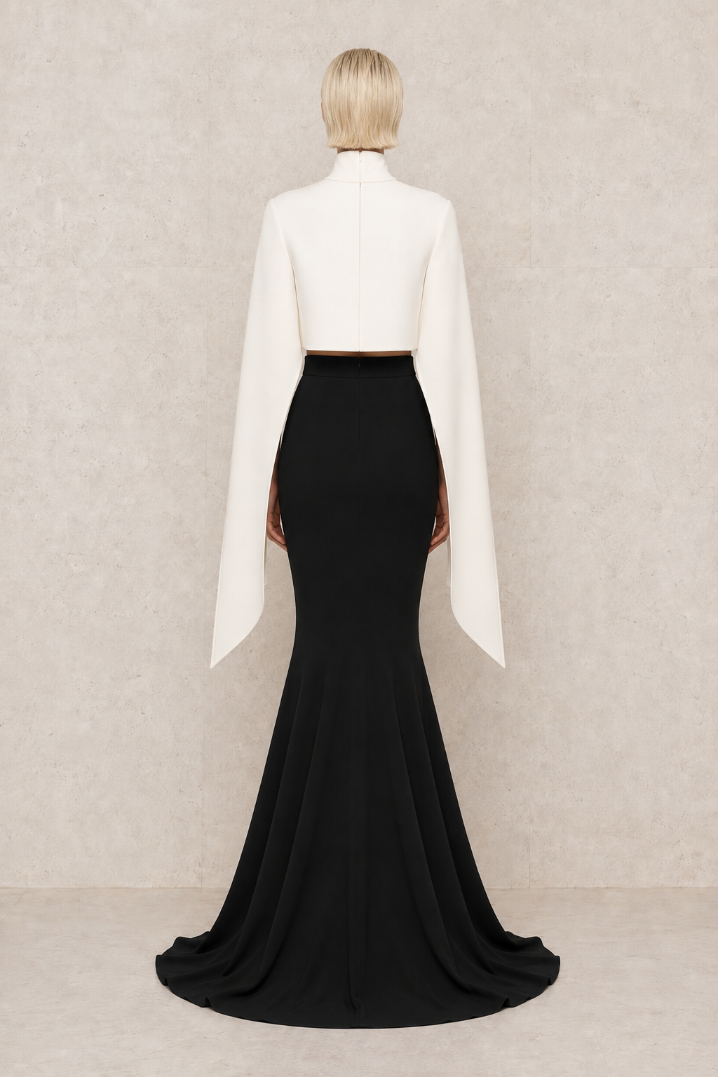 Monochrome Cape Gown — MERIMAI eveningwear