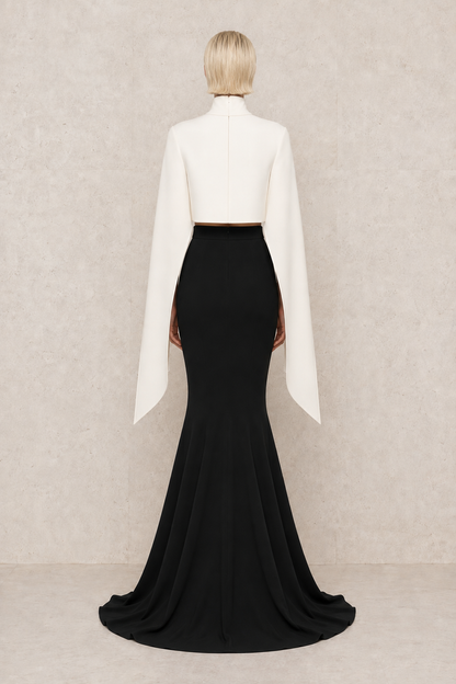Monochrome Cape Gown — MERIMAI eveningwear