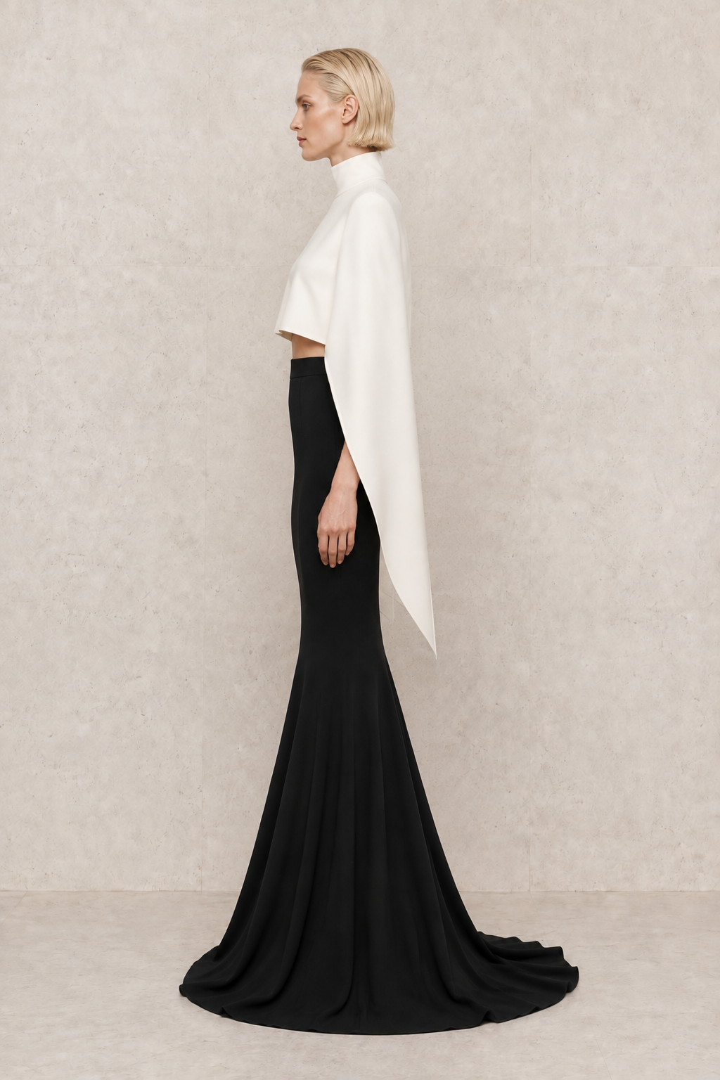 Monochrome Cape Gown — MERIMAI eveningwear