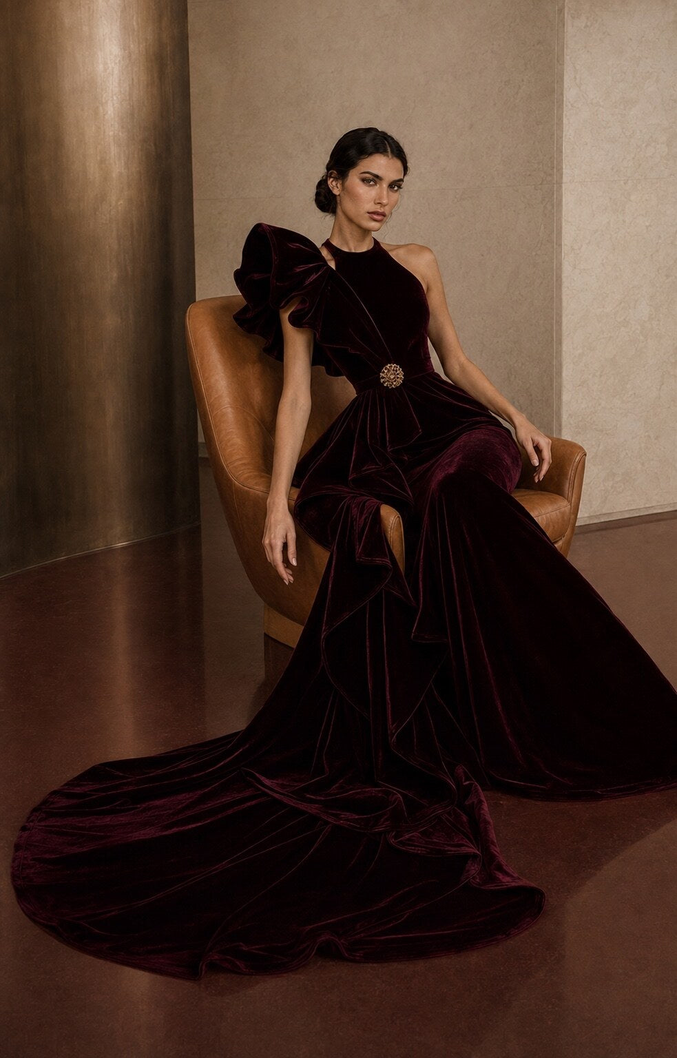 MERIMAI burgundy velvet sculptural evening gown