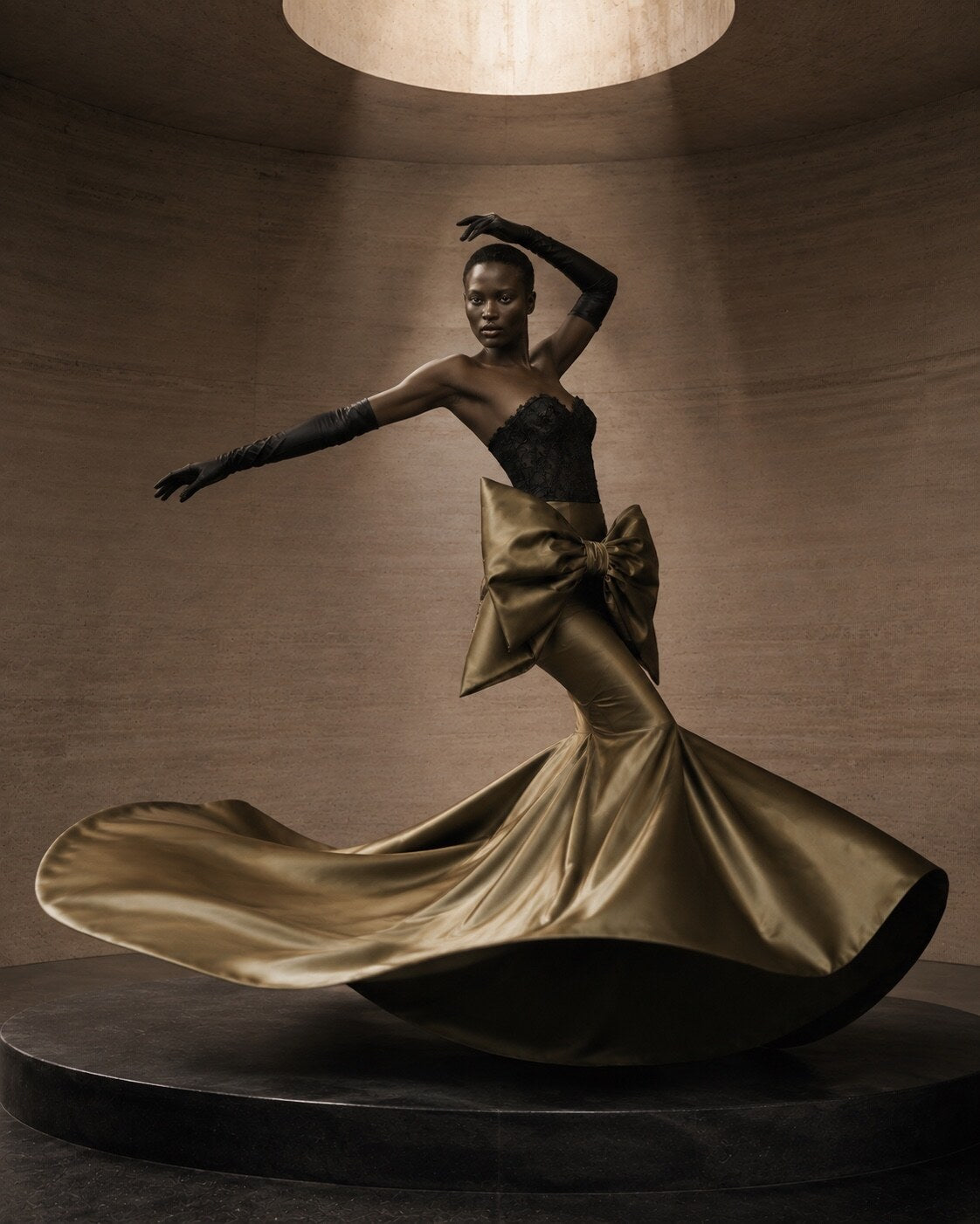 MERIMAI gold bow couture evening gown